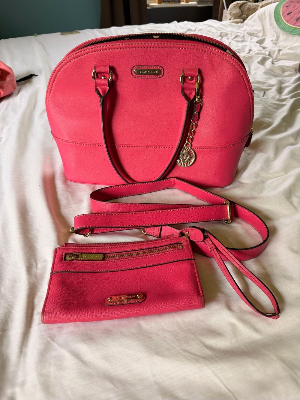 Anne Klein Hot Pink Dome Satchel with Removable Strap and Wristlet